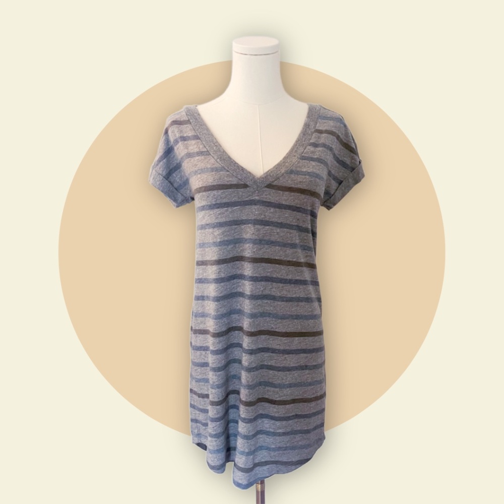 Chaser V Neck T-Shirt Dress in Heather Grey and Multi Stripe XS